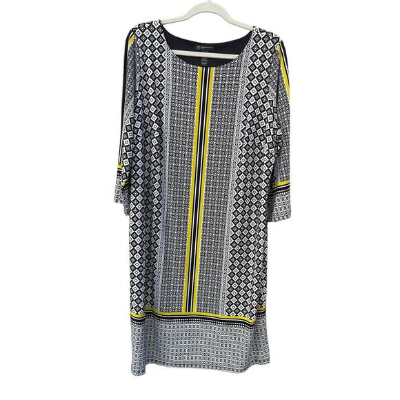 INC‎ Dress 1X Yellow Black White Geometric Design 3/4 Sleeve Midi - Picture 1 of 6